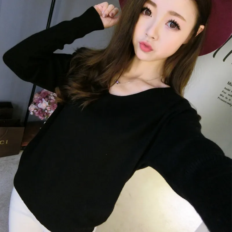 Cashmere sweater loose V collar bat sleeve pure color bottoming knitted big code fashionable | Женская одежда
