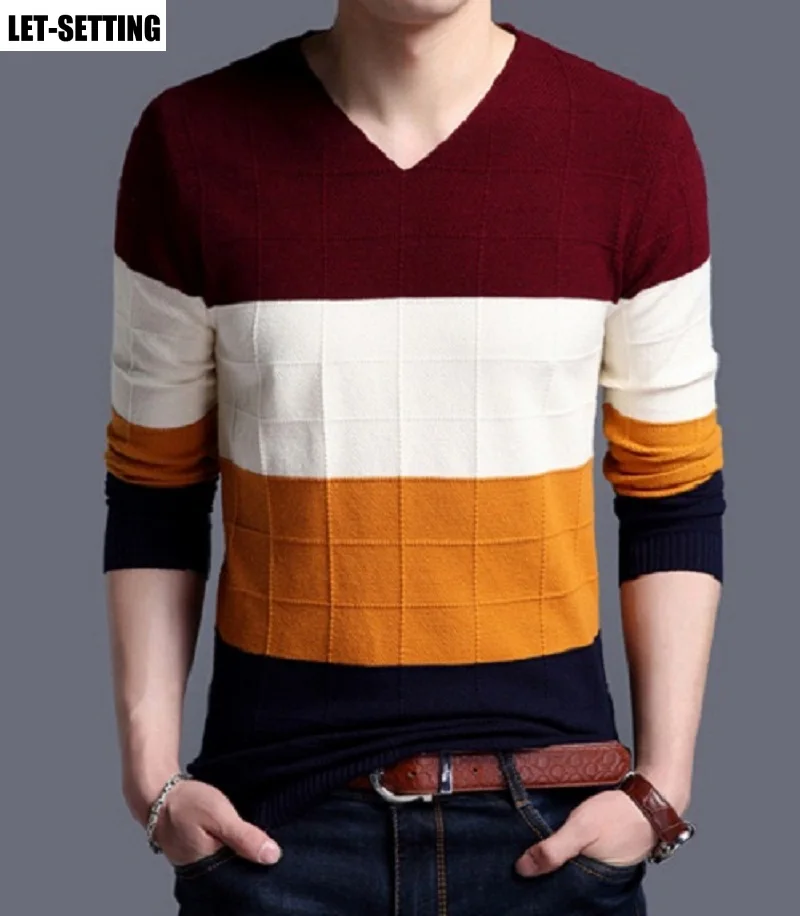 new fashion autumn winter Korean men casual patchwork v-neck knit bottoming slim fit shirt pullover warm wool cotton sweater | Мужская