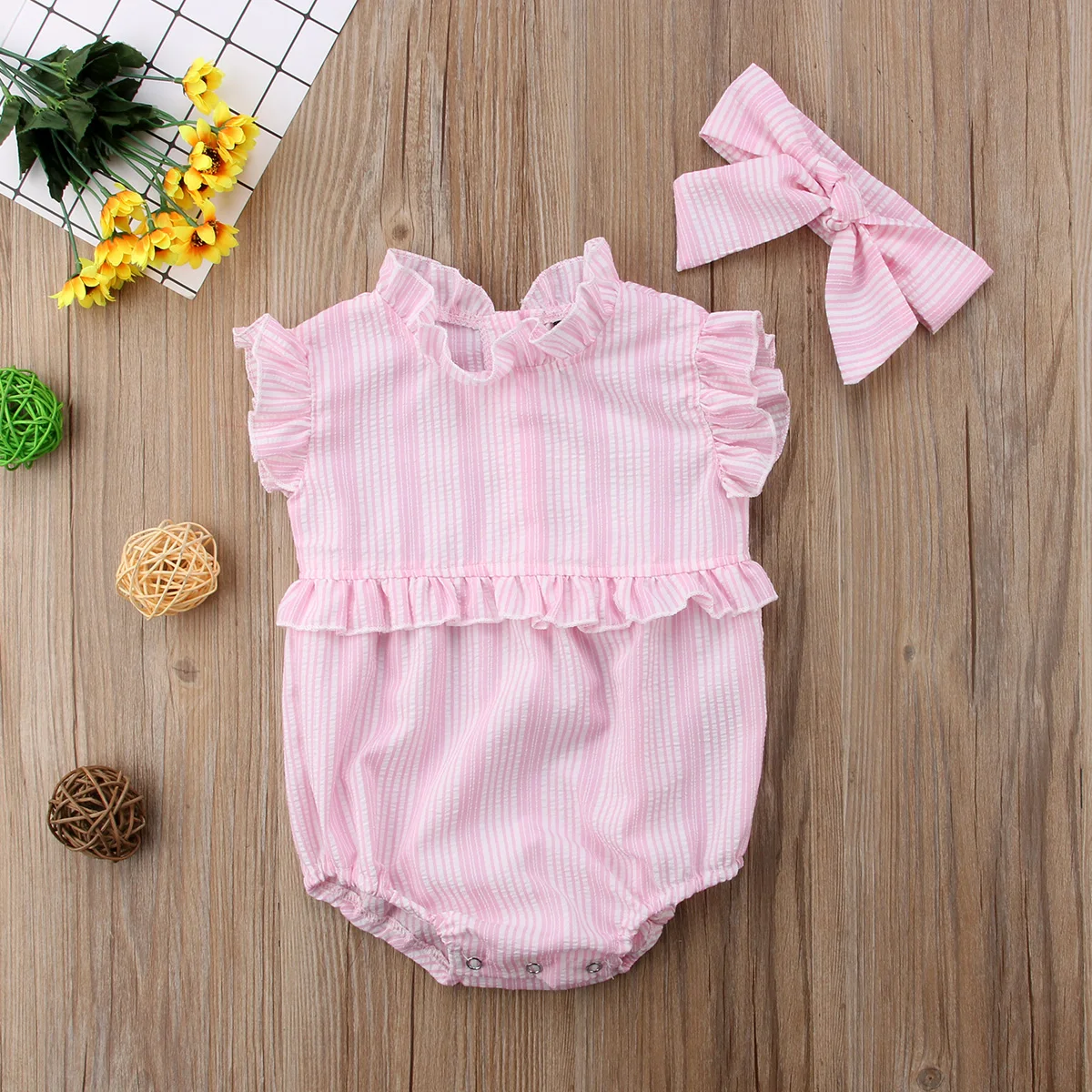 Baby Girl Sleeveless Striped Cotton Casual Jumpsuit Headbands Outfit Clothes Newborn Girls Clothing Bodysuit 0-24M | Мать и ребенок