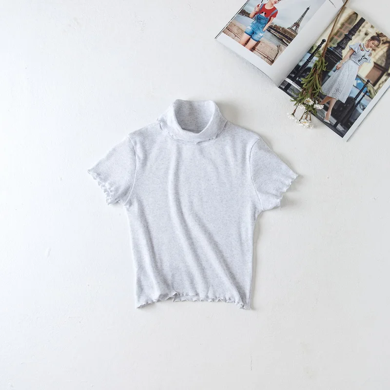 Для женщин Водолазка короткий рукав рябить отделкой Slim Fit футболка Crop Top