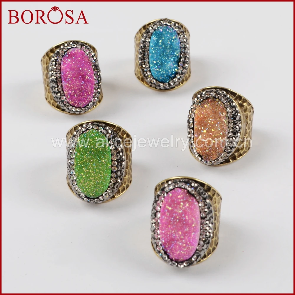 

BOROSA New Druzy Ring Gems Oval Titanium Rainbow Drusy Party Ring,With Crystal Rhinestone Pave Gold Band Ring for Women JAB758