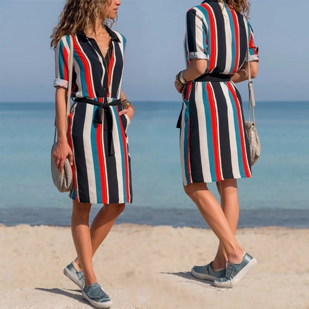 Полосатое платье рубашка летнее женское богемное с длинным рукавом и отложным