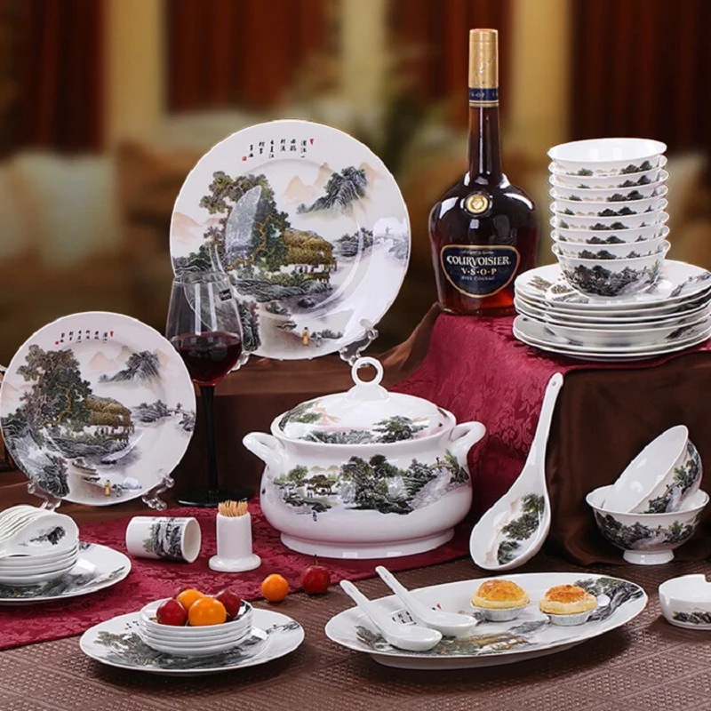 

Jingdezhen guci tableware ceramic tableware 56 pieces bone china tableware bowls plates and saucers