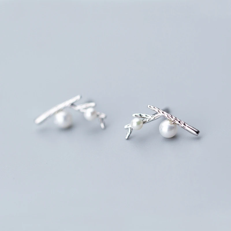 

MloveAcc Authentic 925 Sterling Silver Shell Pearl Stud Earrings for Women Tree Branch Earring Jewelry Bijoux
