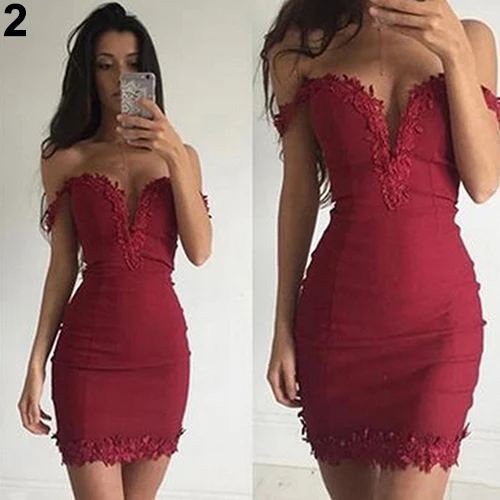 New Arrival Women Summer Sexy Deep V Neck Off Shoulder Lace Trim Bodycon Evening Party Dress | Женская одежда