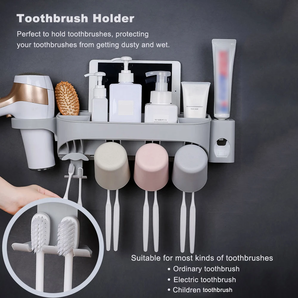 ECOCO Automatic Toothpaste Dispenser Wall-mounted Toothbrush Cup Holder Hair Dryer Storage Rack Bathroom Organizer Accessories