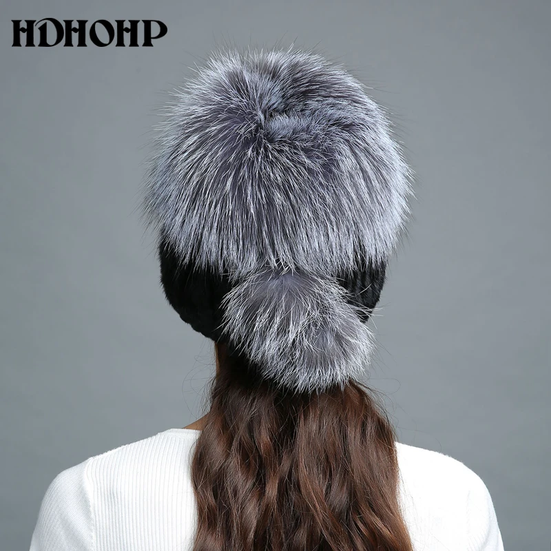 HDHOHR Горячая зима реального меховая шапка Для женщин из натуральной норки Шапки с Silver Fox меховой вязаные шапочки модные женские туфли с мехом шапки