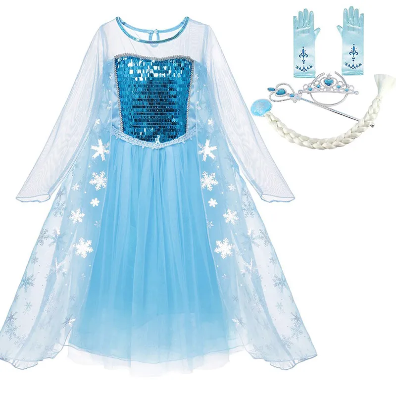 Elsa Dress Set-A Длинное платье Эльзы для детей с накидкой со снежинками; праздничная одежда принцессы Эльзы с длинными рукавами и блестками; нарядная одежда для девочек на день рождения и карнавал - Цвет: Elsa Dress Set-A
