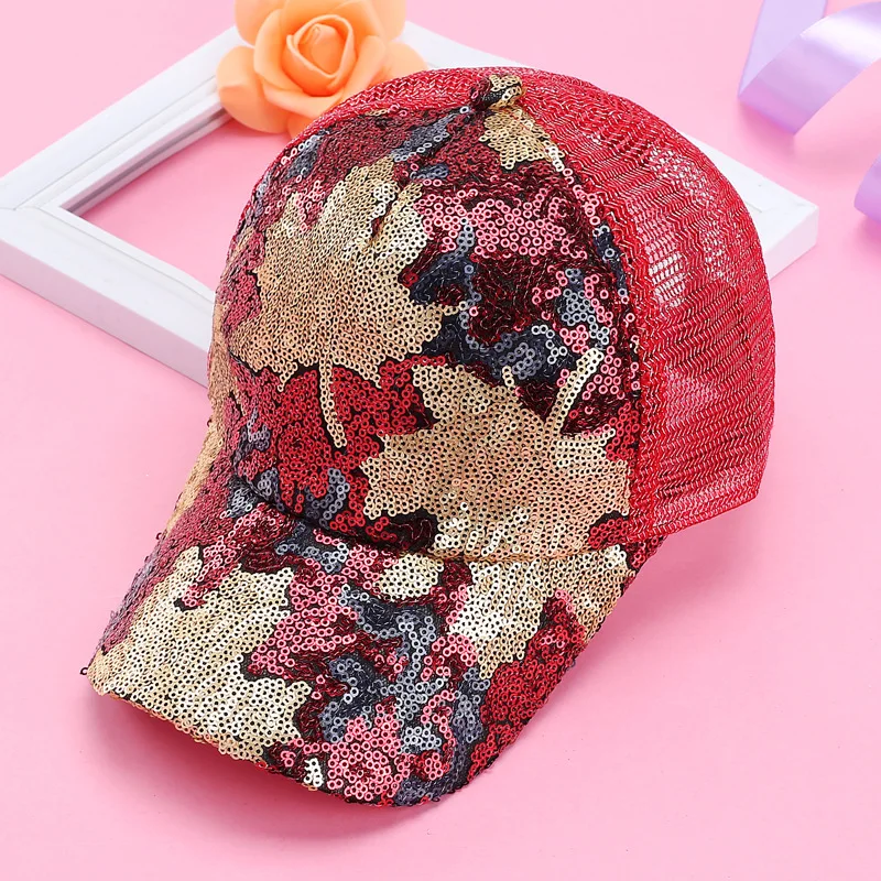 New Creative Women Bling Shinning Sequin Caps Cute Glitter Maple Leaf Summer Mesh Baseball Cap Adjustable Sunscreen Ponytail Hat |