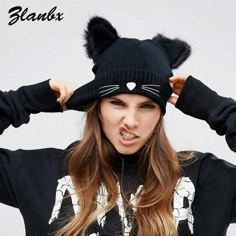 Зимняя шапка с кошачьими ушками для женщин Harajuku шерстяной трикотаж Beanie Devil Horns
