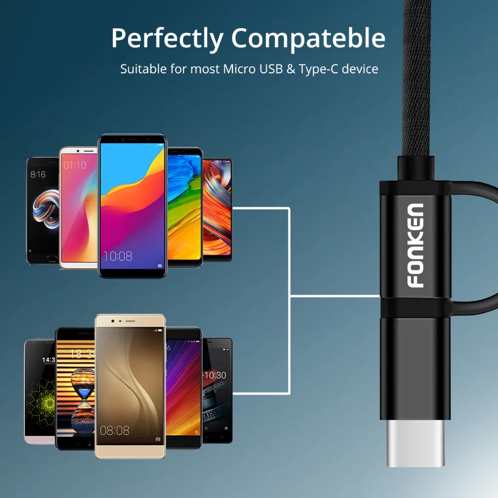 FONKEN 2 в 1 USB кабель Micro Тип C Быстрая зарядка телефонный Mini Зарядка адаптер м для