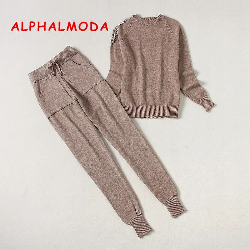 ALPHALMODA 2018 зимний трендовый Женский трикотажный костюм со штанами с бриллиантовой