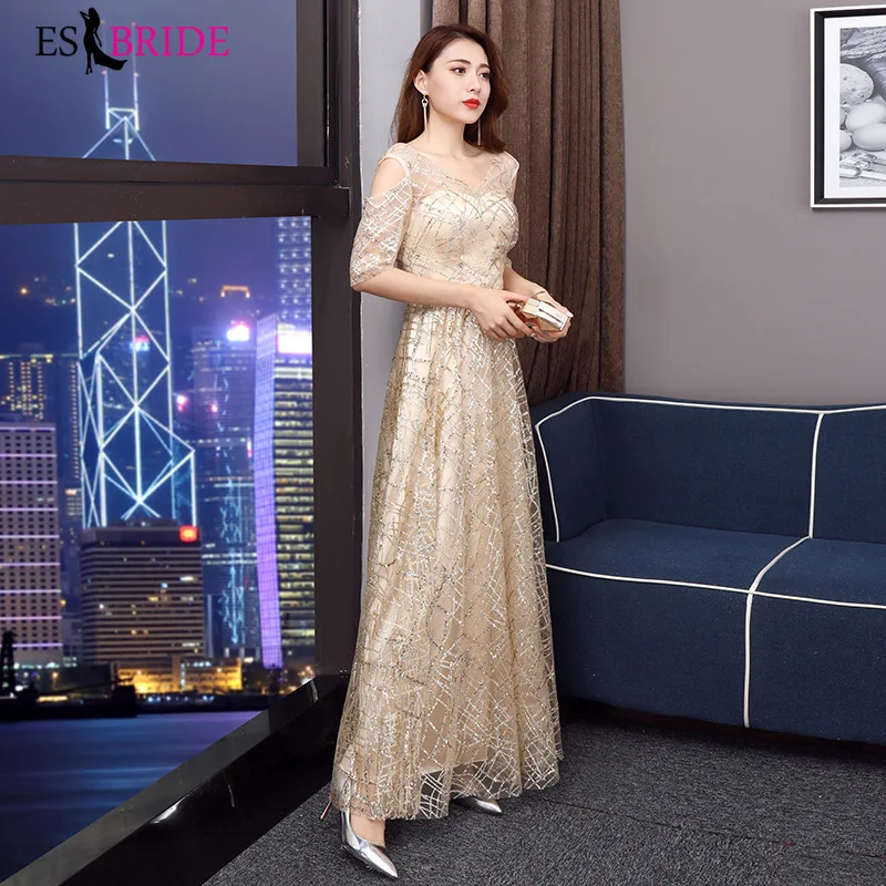 Gorgeous Champagne Evening Dresses Lace Women Elegant Prom Dress Formal Holiday Gown Short Sleeve Evening Dress ES1802