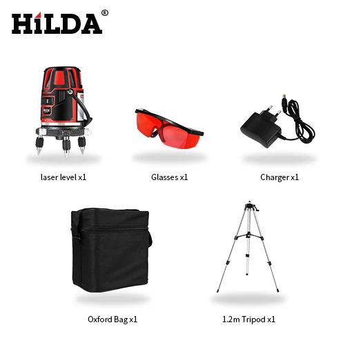 LS051-SET1 HILDA лазерный уровень 5 лазерных линий 6 точек 360 градусов вращающийся 635 нм наружный режим-приемник и наклонная косая линия доступна автоматическая линия - Цвет: LS051-SET1