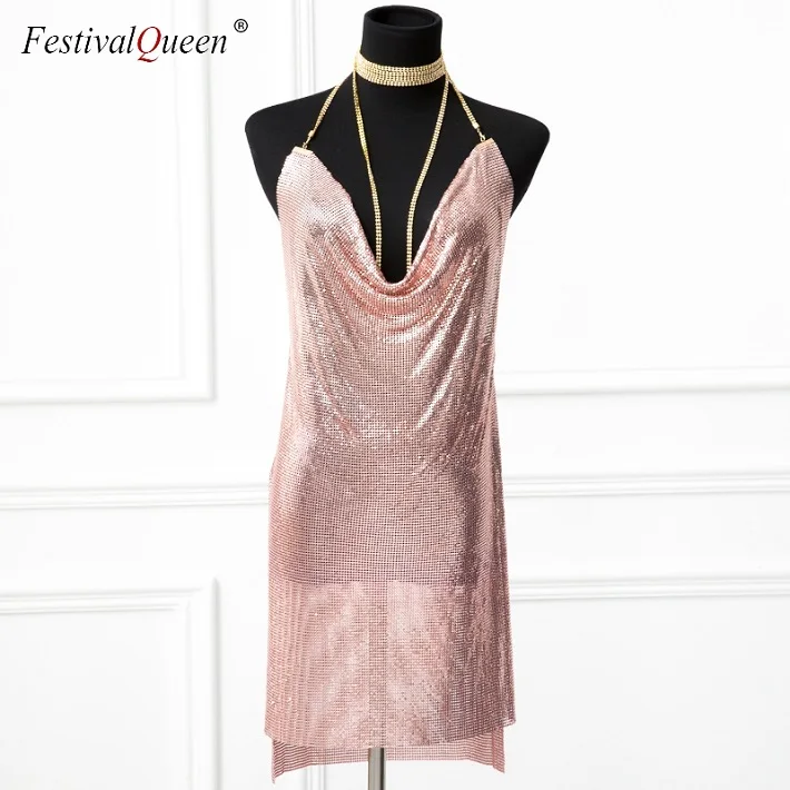 rose red dress FestivalQueen, сексуальное платье с глубоким v-образным вырезом, на бретелях, расшитое блестками, для женщин, однотонное, с открытой спиной, стразы, с цепочкой, вечерние платья с металлической цепочкой, vestidos robe - Цвет: rose red dress