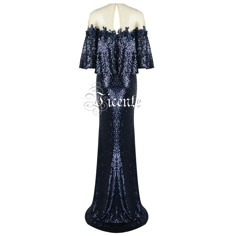 2020 New Chic Elegant Appliques Sheer Mesh Splicing Purple Sequins Design Half Sleeves O Neck Celebrity Party Long Dress | Женская