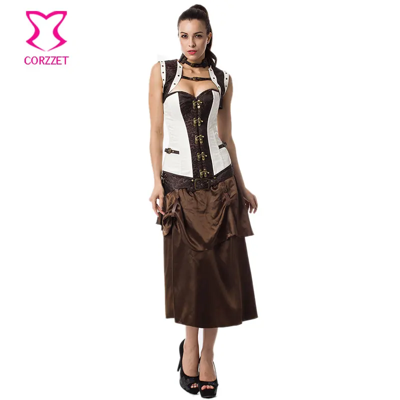 White/Brown Brocade Vintage Corset Jacket Skirt Steampunk Dress Gothic Clothing Women Corsets and Bustiers Sexy Corset Dress