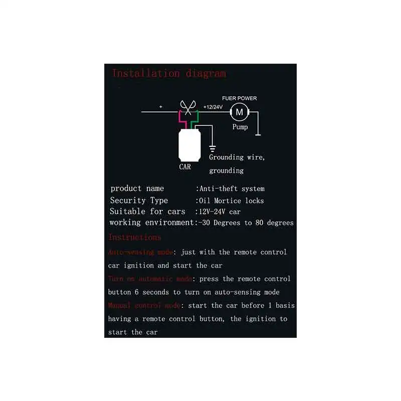 

Car alarm Remote control oil circuit Automatic sensing mode Automatic on mode Manual control mode Control tank car security EI38