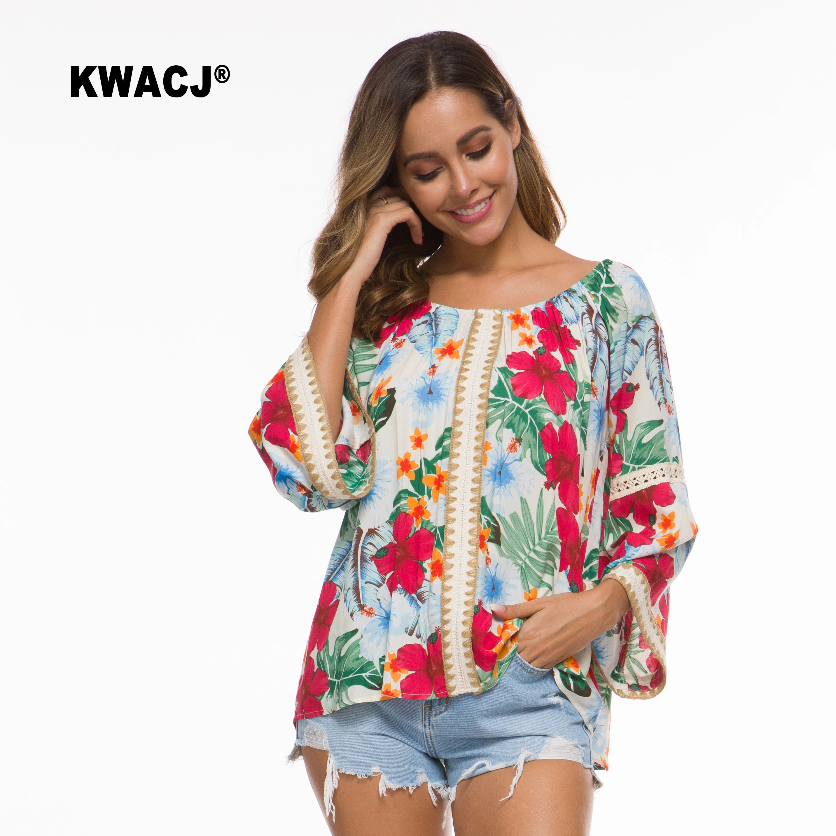 KWACJ топ с открытыми плечами Blusas цветочный принт Boho одежда длинный рукав-клеш