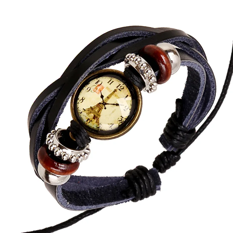 Vintage Female Bracelets Wooden Beads Wrap Handmade Effel Towl Watch Face Charm Wristband Women's Leather Jewelry 3PCs - купить по