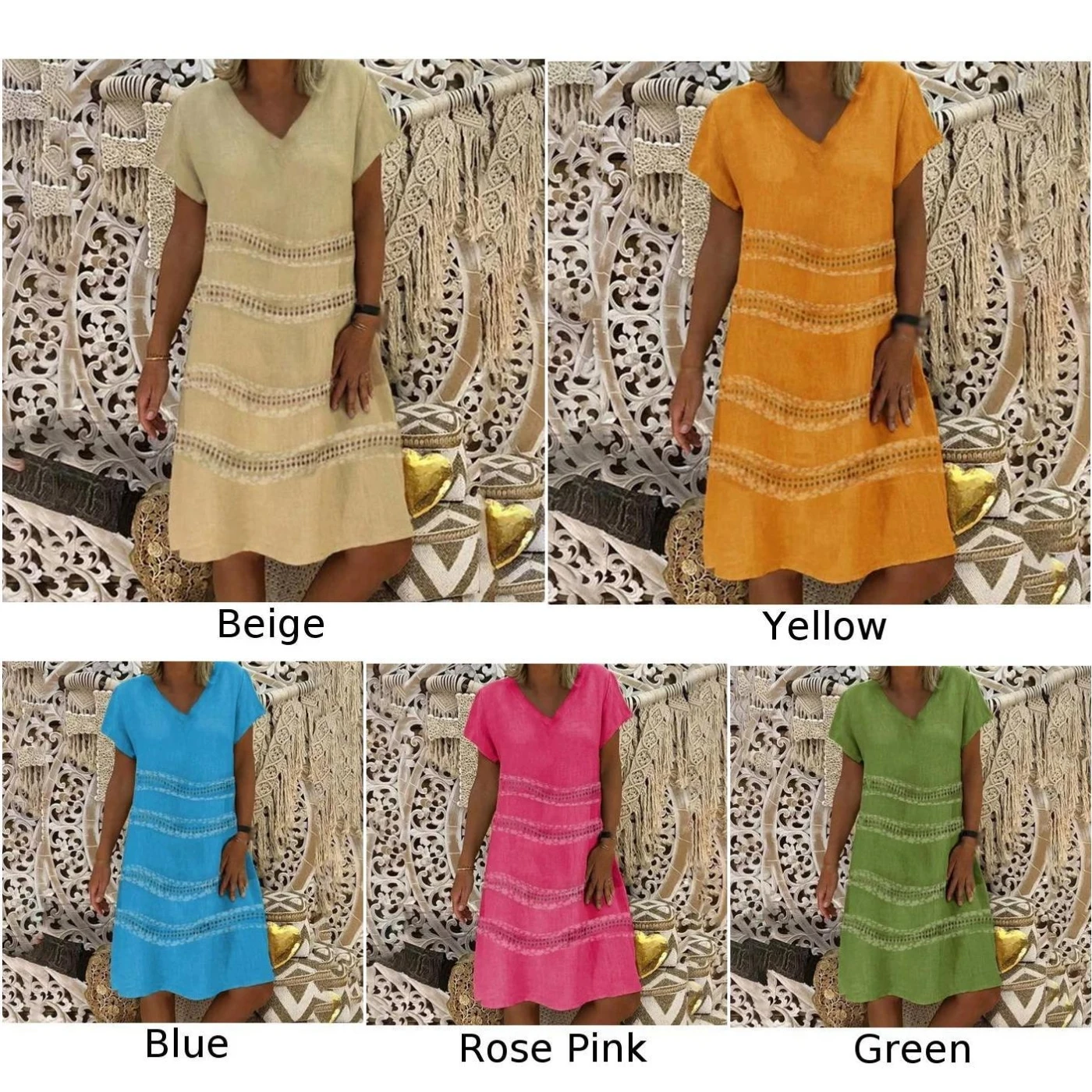 Womens Dress Ladies Party Summer Plus Size Fashion Holiday Knee Length Casual Beach V Neck | Женская одежда