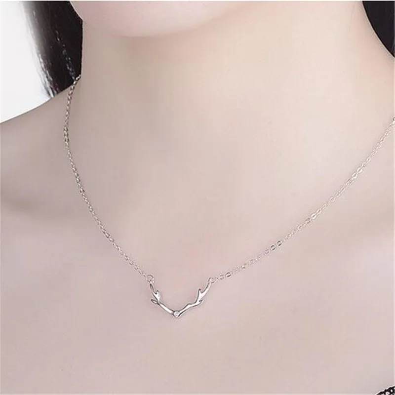 Small Antler New Fashion Jewelry Women Clavicle Chain Elk 925 Sterling Silver Fresh Deer Crystal Sweet Pendant Necklaces N418 | Украшения и