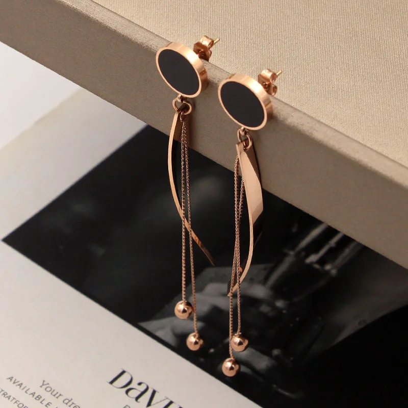 Unique design Tassel Black Round earrings Titanium Steel rose gold color Women long tassel beads Earrings factory prices | Украшения и