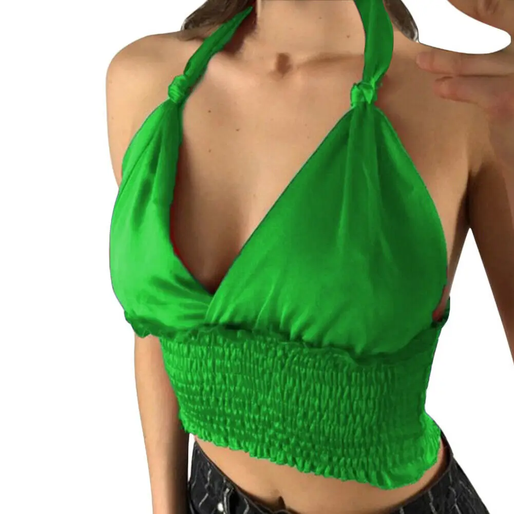 Женский топ с лямкой на шее повседневный короткий бантом однотонный эластичный