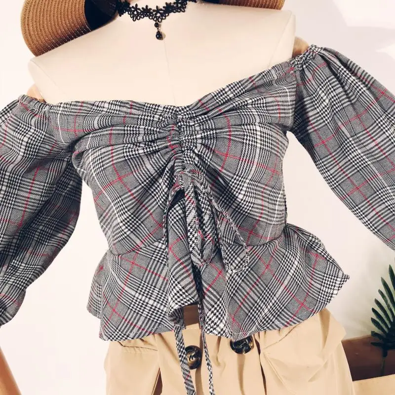 2018 новые модные женские blusas Осень ретро плед slash шеи короткий блузка рубашка