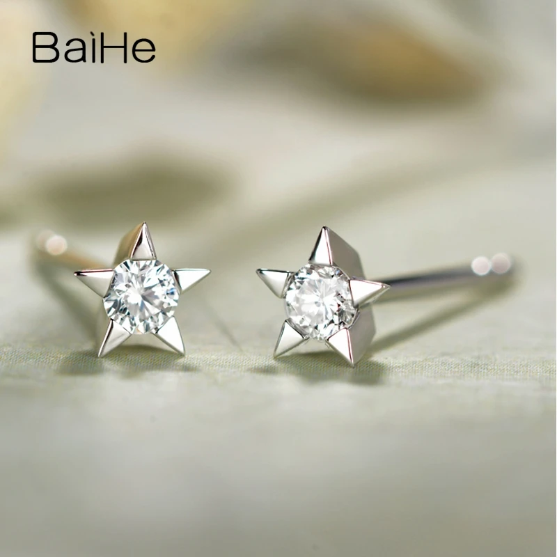 BAIHE Genuine Solid 14K White Gold Diamond Earrings Anniversary Trendy Star Stud Fine Jewelry Making Birthday Present | Украшения и