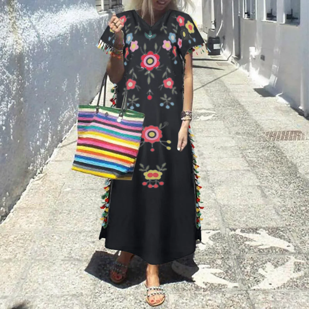 Женское платье с коротким рукавом винтажное длинное цветочным принтом и