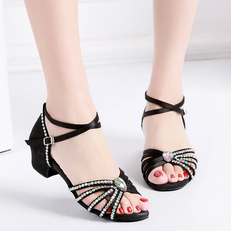 Rhinestone Girls Kids Latin Dance Shoes Ballroom Women Salsa Low-Heel 3.5cm Children Tango Practice Dancing Shoes zapato mujer