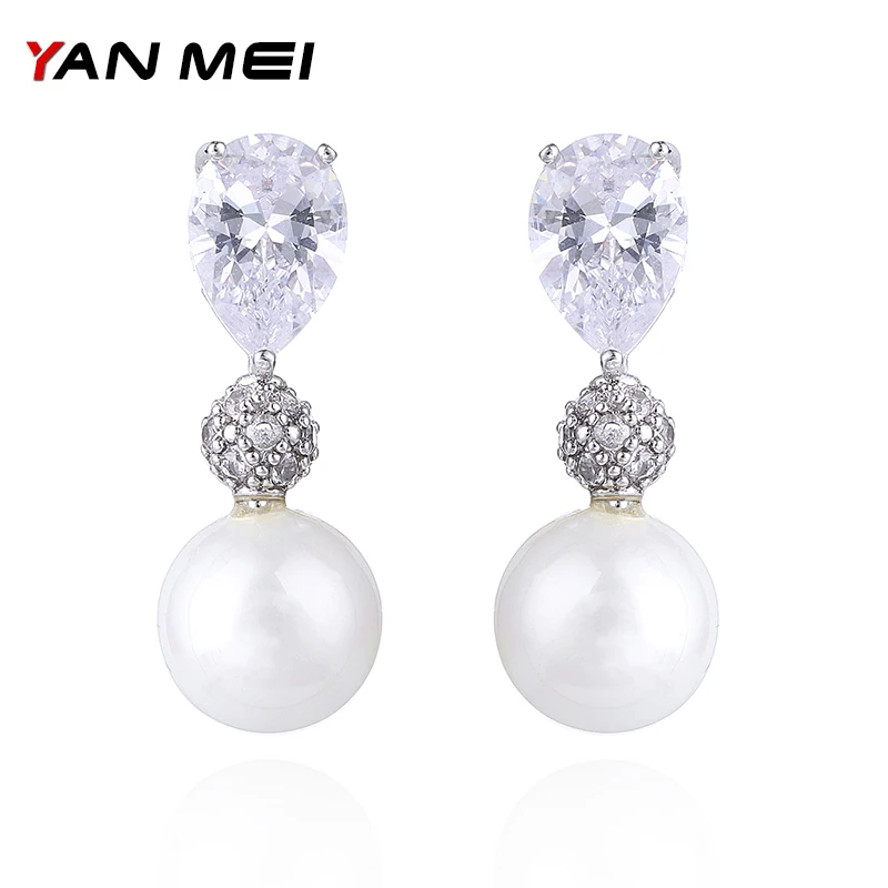 YANMEI Imitation pearls AAA Cubic Zirconia Dangle Earrings For Women Water Drop Elegant Fashion Jewelry YME7740 | Украшения и