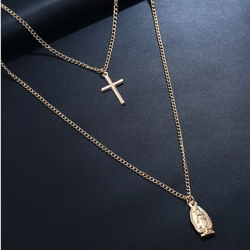 Ювелирное ожерелье с подвеской-крестом Дева Мария винтажное Двухслойное колье