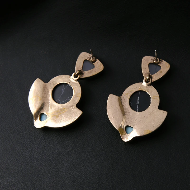Antique Gold Color Patterned Synthetic Stone Black Earring Geometric Pendant Women Resin Vintage | Украшения и аксессуары