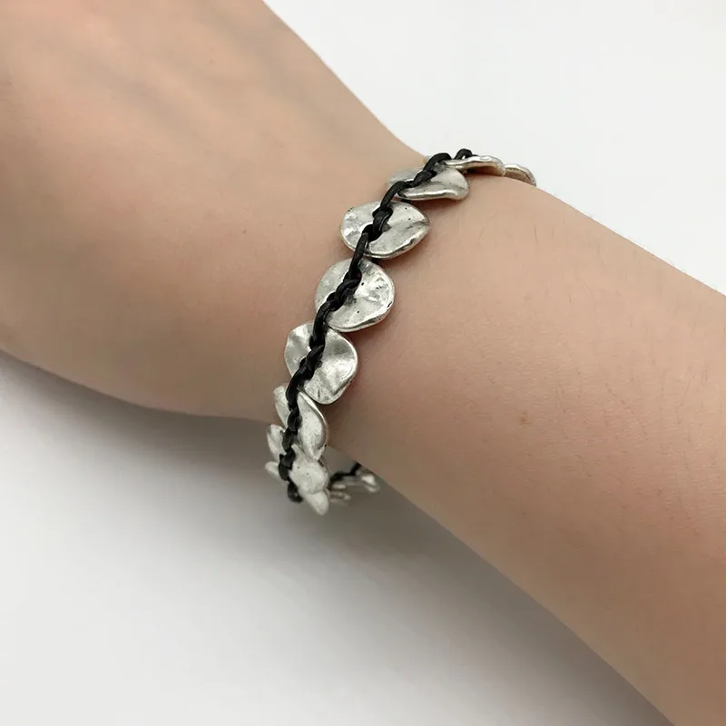 Новая Винтажная кожаная веревка ручной плетеный браслет Посеребренная круглая