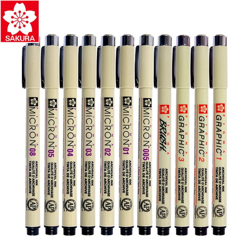 Sakura 13 Different Size XSDK Black Marker Micron Needle Pen Drawing Pigma Liner Brush for Design Manga Comic|Маркеры для
