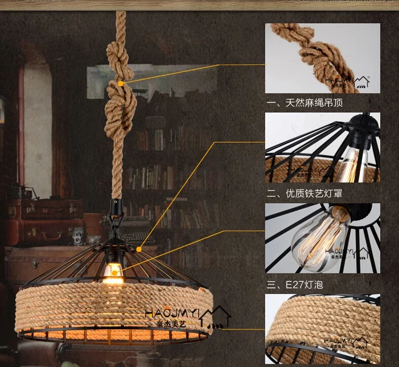 Скандинавский винтажный промышленный подвесной светильник из пеньковой веревки