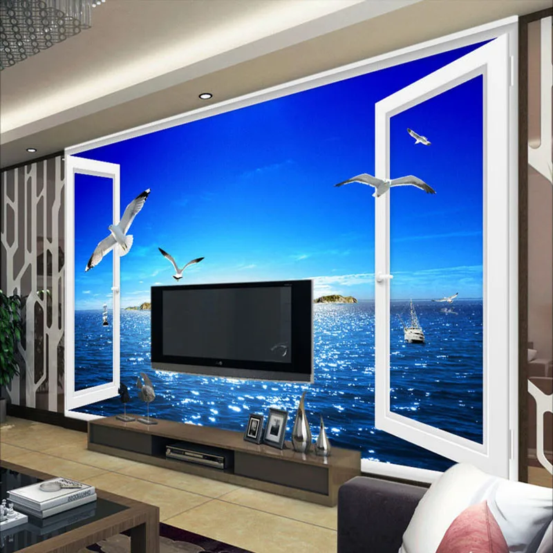 Пользовательские Фото Фреска 3D окна вид на море настенная живопись пляж River Island