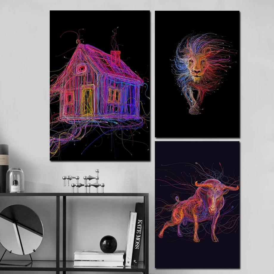 

Abstract Colorful Wire House Lion Bull Wall Art Pop Art Posters and Prints Canvas Painting Wall Decorative Pictures Home Decor