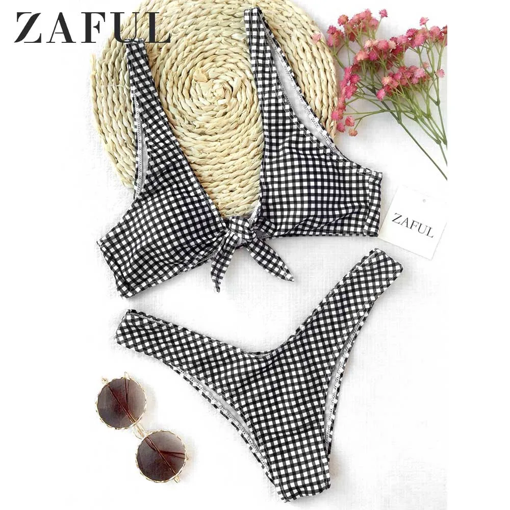 ZAFUL Бикини Стринги в клетку Передний галстук Набор с глубоким вырезом и