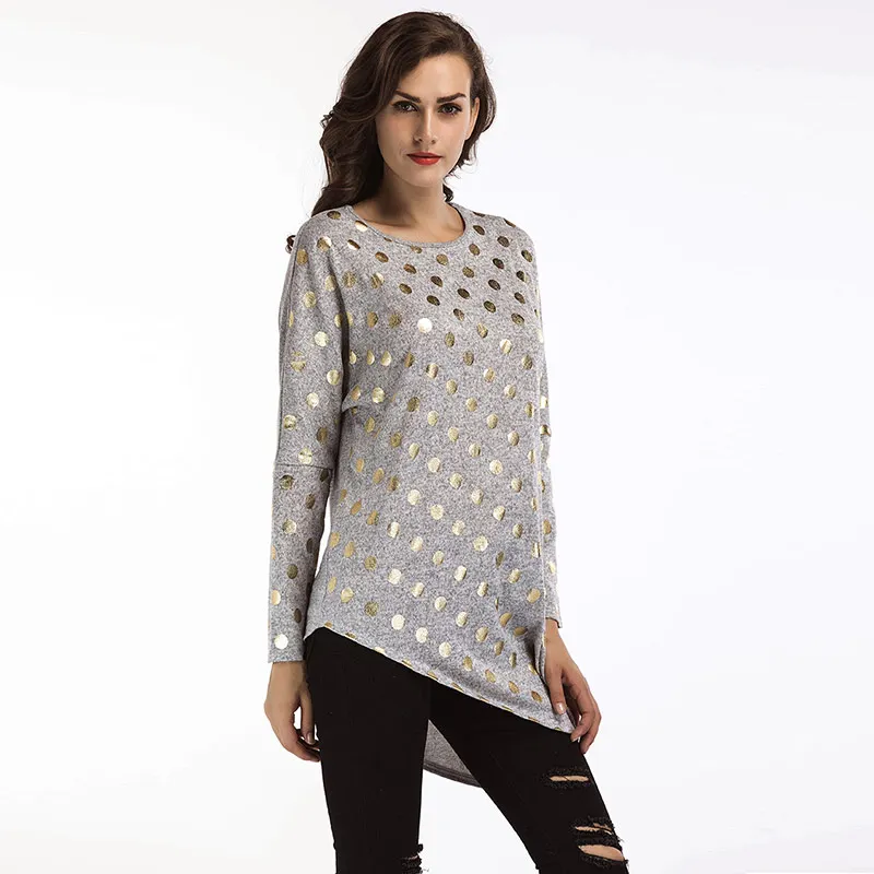 Длинные серые футболки женские топы в Золотой горошек с длинным рукавом
