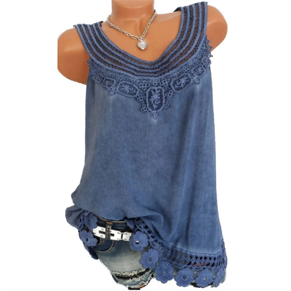 dark blue Summer Women Lace Flower Loose Sleeveless Tank Top Elegant Casual Plus Size S-5XL O-Neck T-shirt Female Solid Camisole Tops - Color: dark blue