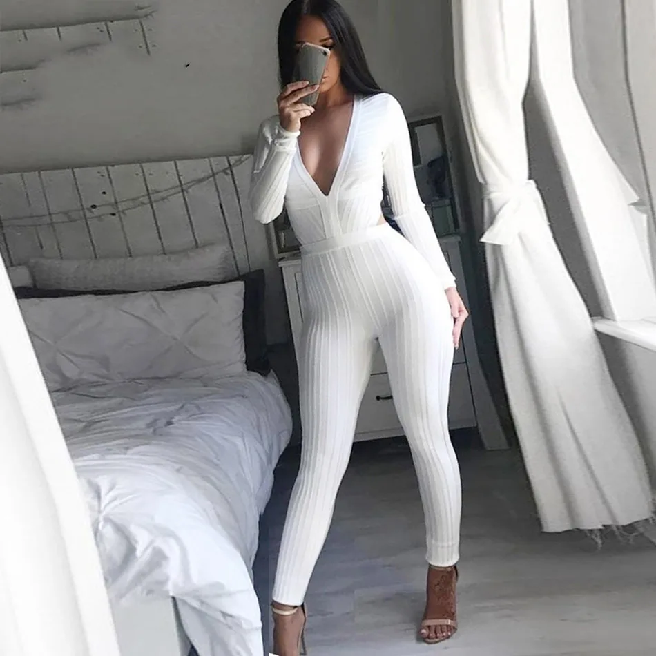 Seamyla New Fashion Women Jumpsuit 2019 Long Sleeve White V Neck Backless Clubwear Sexy Bodycon Bandage Playsuit Jumpsuits | Женская