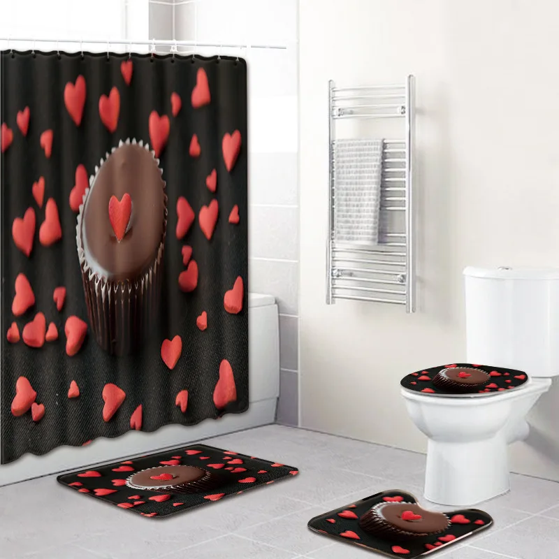 

4 Pieces Set Romantic Heart Waterproof Shower Curtains with Hooks + Non-Slip Pedestal Rug + Lid Toilet Cover + Bath Mat