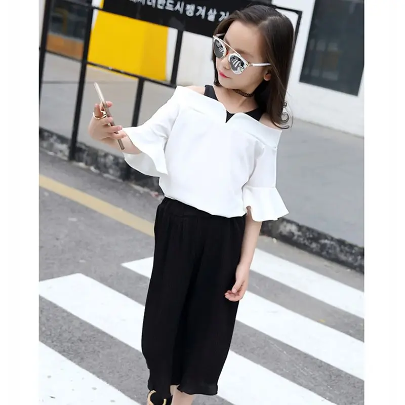 2017 детская одежда девушки летом новый костюм a слово плечо топы + широкие Брюки