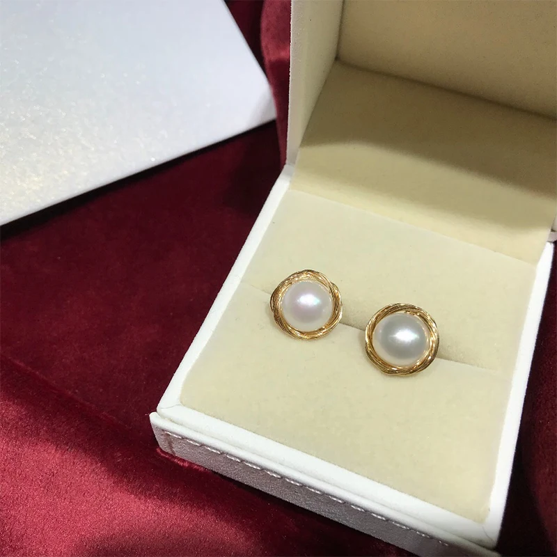 ANI 14K ролл Золотые женские серьги-гвоздики ручной работы пресноводный белый жемчуг oorbellen рулон Золотой букле d oreille модный дизайн ювелирных изделий