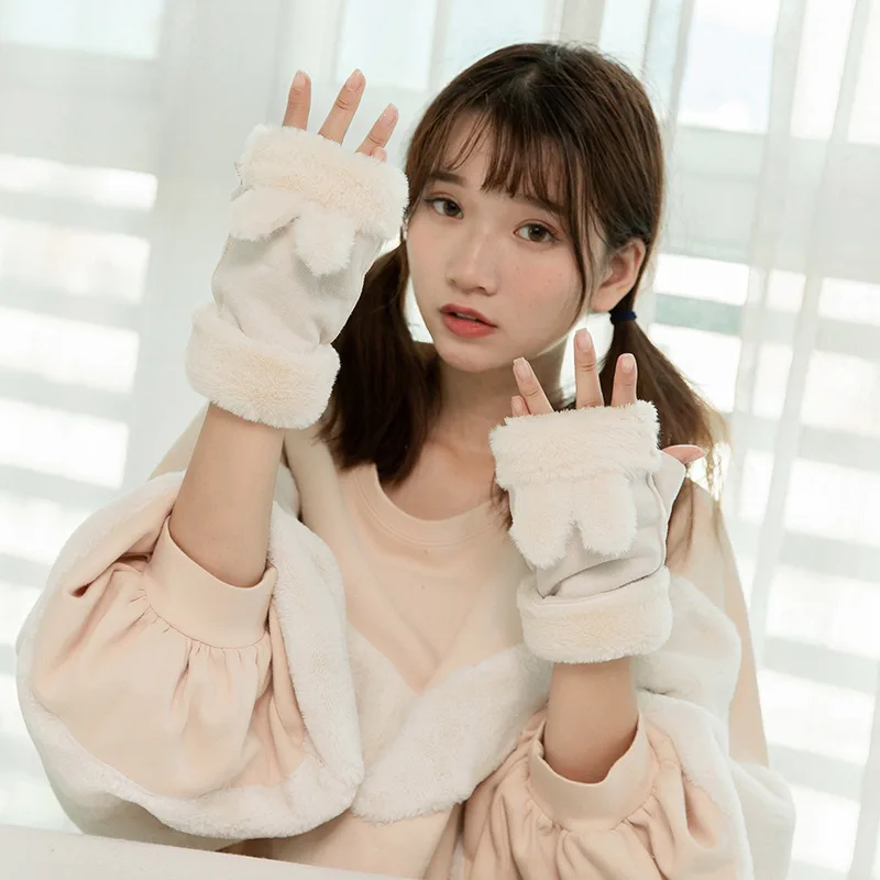 

Famale Winter Plus Plush Thick Warm Cartoon Rabbit Half Finger Flip Mittens Fashion Suede Leather Fur Women Warmer Gloves B32
