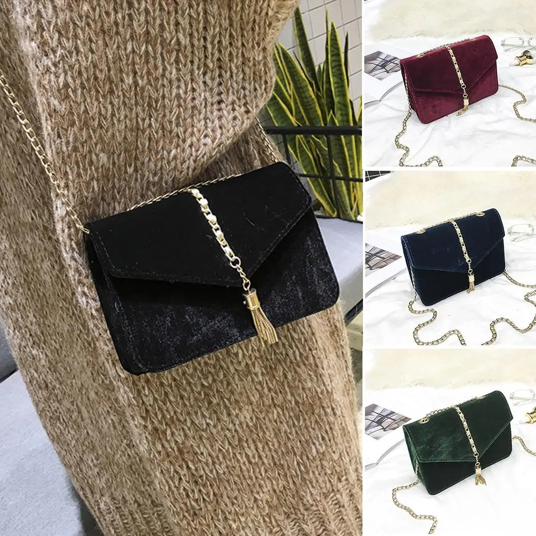 Women Fashion Solid Mini Flap Velvet One Shoulder Bag Metal Chain Snap Button Casual Party Wedding Cocktail Tassel Hard | Багаж и сумки