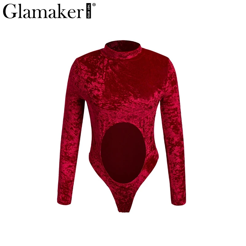 Женский велюровый комбинезон Glamaker красный короткий с длинными рукавами и